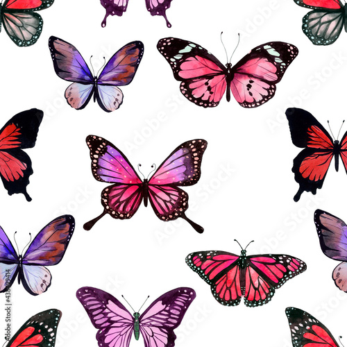  seamless pattern of watercolor pink butterflies