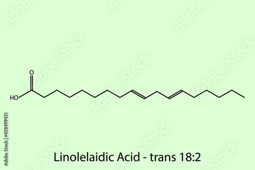 Linolelaidic Acid - Omega 6 biomolecule molecular formula. Skeletal molecule structure vector eps10.