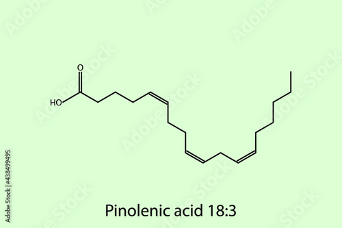 Pinolenic Acid - Omega 6 biomolecule molecular formula. Skeletal molecule structure vector eps10.