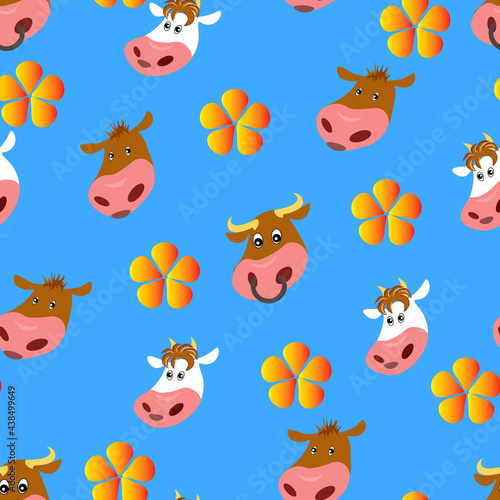 Cows Family Pattern Blue Background Cow Bull Goby Blue background cow bull bull with yellow flowers.Illustrator vector.Use on fabric paper advertising kids cartoon