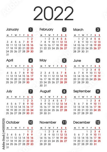 Calendar 2022. Planner 2022 year. Calendar design template. English calender. Сolor vector. Week starts on Sunday.