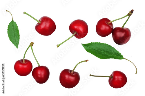 Cherries isolated on white background. Top view