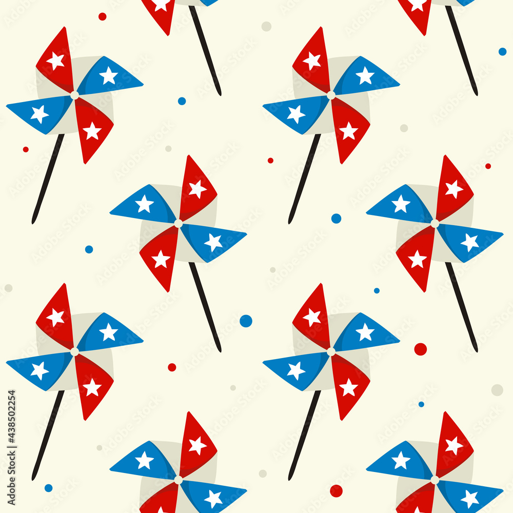 Seamless pattern with pinwheels for USA Independence Day. Background of elements for July 4th in the national colors of the United States of America. Vector illustration for holiday or election.ric