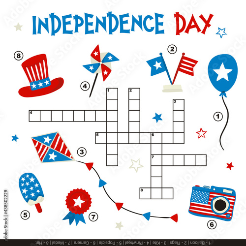 USA crossword for kids. Children's smart game with cartoon objects. Set of hand drawn elements in the national colors of the United States of America. Vector illustration