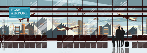Plane and airport. Vector illustration of a terminal or gate at an airport with passengers waiting. Drawing for banner or background
