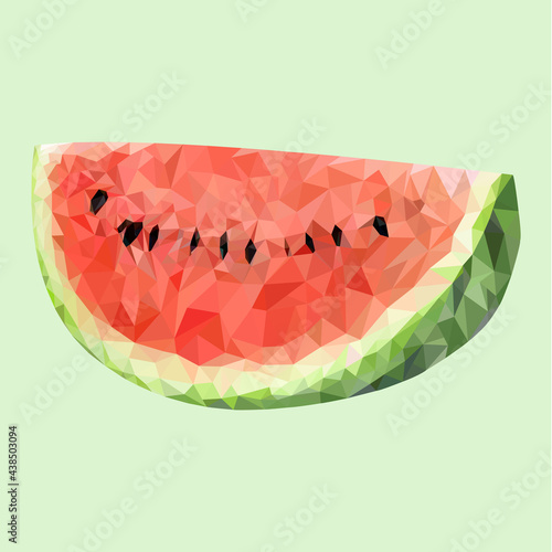 Half and piece of juicy watermelon in low poly style, isolated on green background. Vector illustration. Illustration with polygonal watermelon.