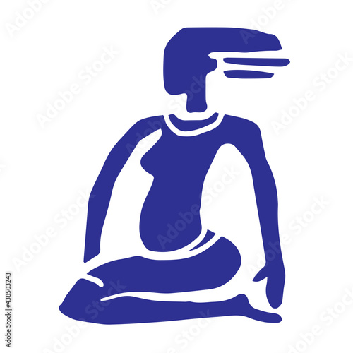 Primitive woman sitting. Rock painting style. Matisse style. Vector hand drawn illustration isolated on white background. Image of cave people everyday life.Art element for card or poster design.