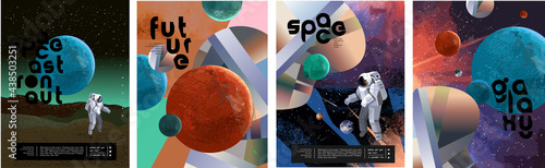 Space, astronaut and galaxy. Vector abstract illustrations of planets, mars, sky and geometric shapes. Drawings for poster, background and banner