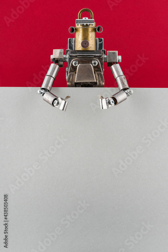 Portrait of a steampunk robot looking around the corner.