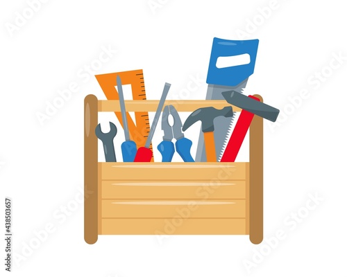 Wooden repair box with work tools isolated