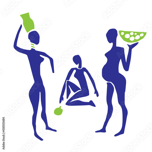 Primitive women harvest with pots. Rock painting style. Vector hand drawn illustration isolated on white background. Image of cave people everyday life.Art element for card or poster design.