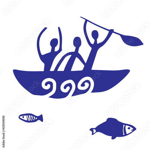 Primitive men are fishing in the boat and fish. Rock painting style. Vector hand drawn illustration isolated on white background. Image of cave people everyday life. Art element for design.
