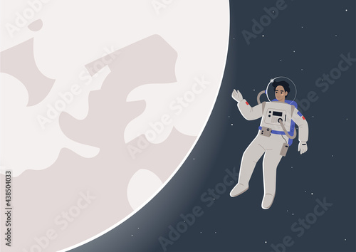 A young male astronaut in a spacesuit floating in open space next to a glowing moon, a science fiction theme