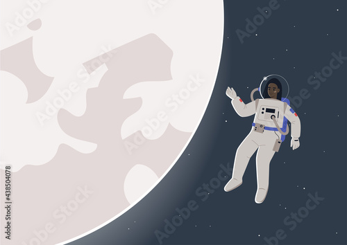 A young female Black astronaut in a spacesuit floating in open space next to a glowing moon, a science fiction theme