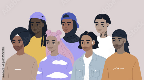 A diverse group of young adults wearing traditional and modern clothes