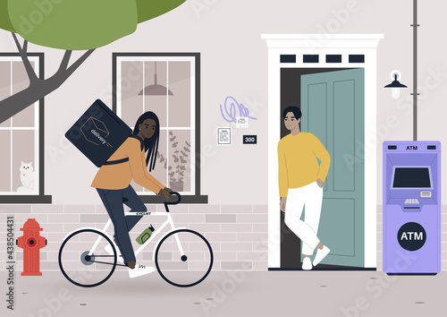 Urban scene, a food delivery worker shipping order to a customer, daily city life