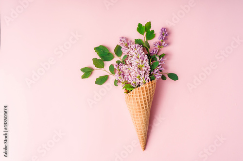 A bouquet of lilacs in a waffle cone on a pink background. Top view of the floral background.
