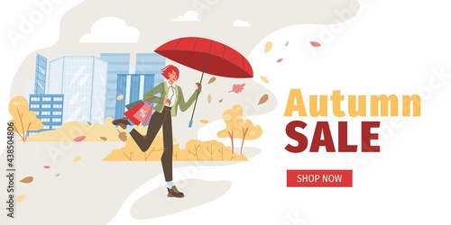 Vector flat cartoon characters at autumn sale,walking and run for shopping discounts - online web season sales,social media,fashion,emotions,lifestyle concept