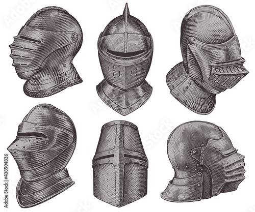 Medieval knight helmets. Design set. Hand drawn engraving. Editable vector vintage illustration. Isolated on white background. 8 EPS