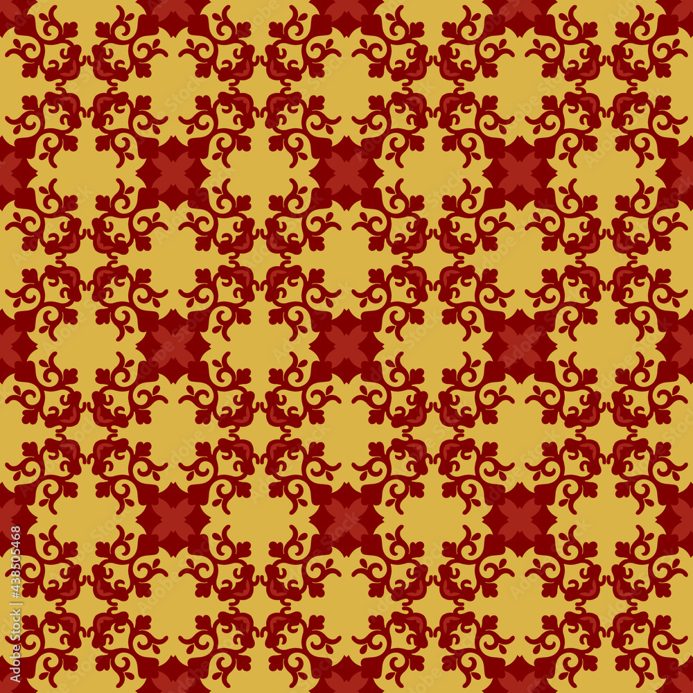 Red floral print on a yellow background in oriental style. Seamless beautiful fashion background with flower motif texture . Wallpaper vector repeat. Vector. Red floral print on a yellow background in oriental style. Seamless beautiful fashion background with flower motif texture . Wallpaper vector repeat. Vector.