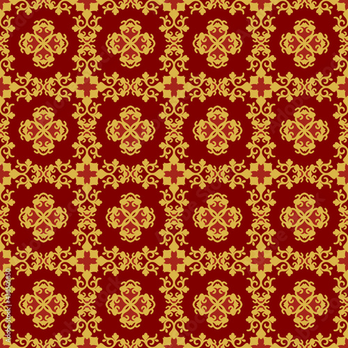 Red floral print on a yellow background in oriental style. Seamless beautiful fashion background with flower motif texture . Wallpaper vector repeat. Vector.