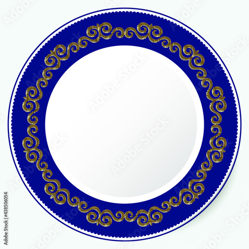 Round Frame, workpiece for your design. Ornamental elements and motifs of Kazakh, Kyrgyz, Uzbek, national Asian decor for plate, textile and print design. Circle gold frame. Vector. 