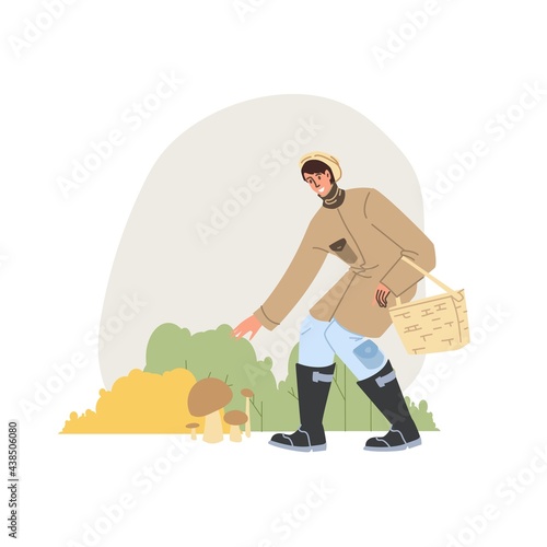 Vector flat cartoon character in autumn season outdoor picks mushrooms - fashion,emotions,healthy lifestyle social concept