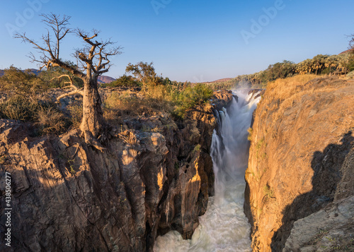 A lone baobab hangs on edge of the rocky Kunene river canyon at the Epupa falls, Kaokoveld, Namibia/Angola border. 