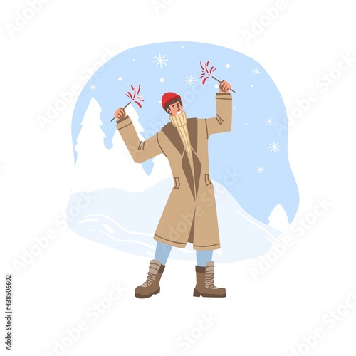 Vector flat cartoon character celebrate Christmas,New Year holidays outdoor in snow at winter season - fashion,emotions,healthy lifestyle social concept