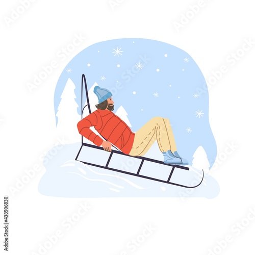 Vector flat cartoon character doing sport activities,sledging in winter season outdoor - sporting,healthy lifestyle social concept