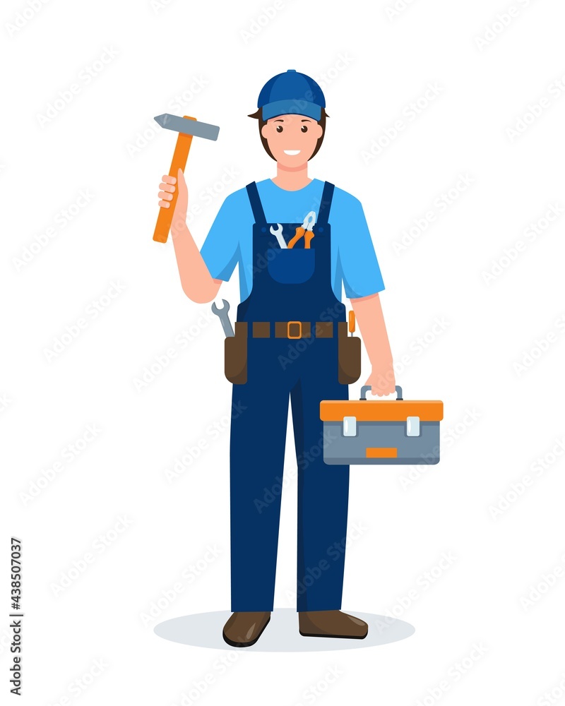 Repair man character in blue uniform with work tools Repair man character in blue uniform with work tools