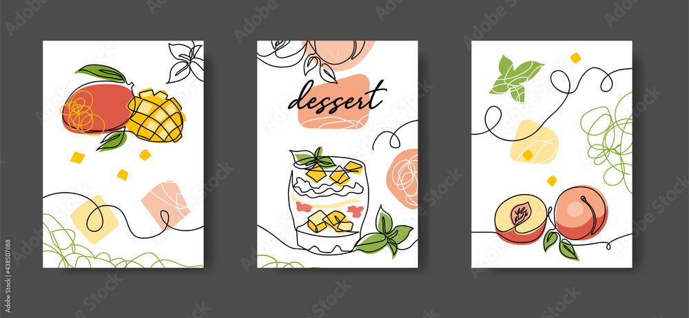 Fruits dessert minimal one line poster. Wall lineart decoration. Set of vector illustrations of mango and peach, one continuous line art for kitchen or cafe