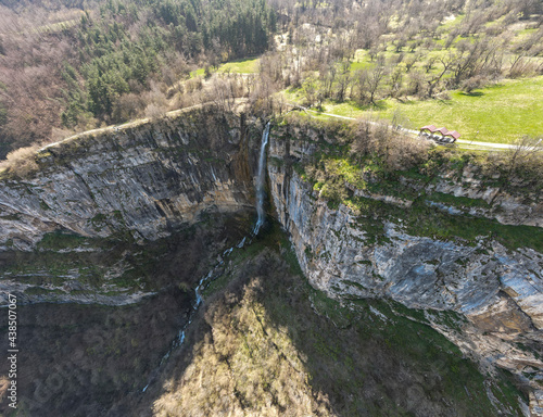 Aerial panorama of Skaklya Waterfall near village of Zasele, Bulgaria