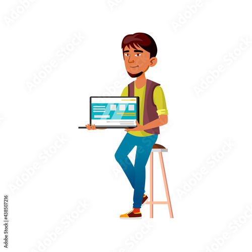 boy teenager showing web site on laptop screen cartoon vector. boy teenager showing web site on laptop screen character. isolated flat cartoon illustration