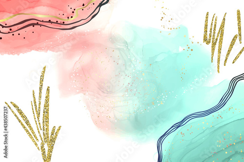 Abstract pink and turquoise liquid watercolor background with golden glitter brushstrokes and lines. Elegant fluid marble alcohol ink drawing effect with golden stains. Vector illustration