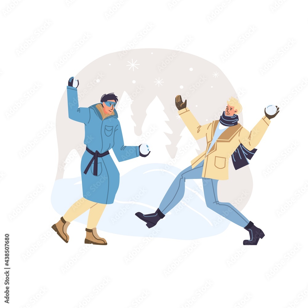 Vector flat cartoon characters in winter season outdoor playing snowballs - fashion,emotions,healthy lifestyle social concept Vector flat cartoon characters in winter season outdoor playing snowballs - fashion,emotions,healthy lifestyle social concept