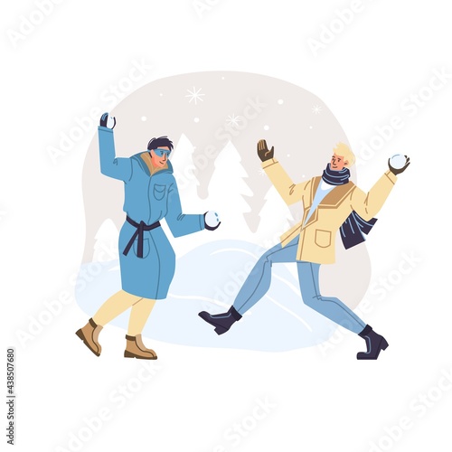 Vector flat cartoon characters in winter season outdoor playing snowballs - fashion,emotions,healthy lifestyle social concept