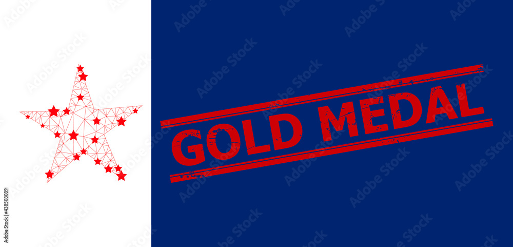 Mesh star polygonal icon vector illustration, and red GOLD MEDAL scratched rubber print. Model is based on star flat icon, with stars and polygonal mesh. GOLD MEDAL text is between parallel lines.
