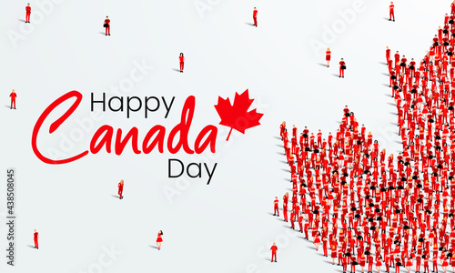 Happy Canada Day Greeting Card Design. A large group of people forms to create maple leaf. 1st of July celebration background. Vector Illustration.