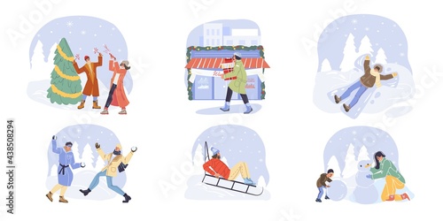 Set of flat cartoon family characters doing winter outdoor activities - sporting,shopping,carry gifts in snow weather - merry christmas,happy New Year holiday celebration concept