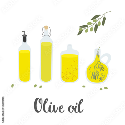 Set of hand-drawn bottles with olive oil. One bottle with grinded paprika, one bottle with rosemary. Flat style. With brush ink inscription - Olive oil.