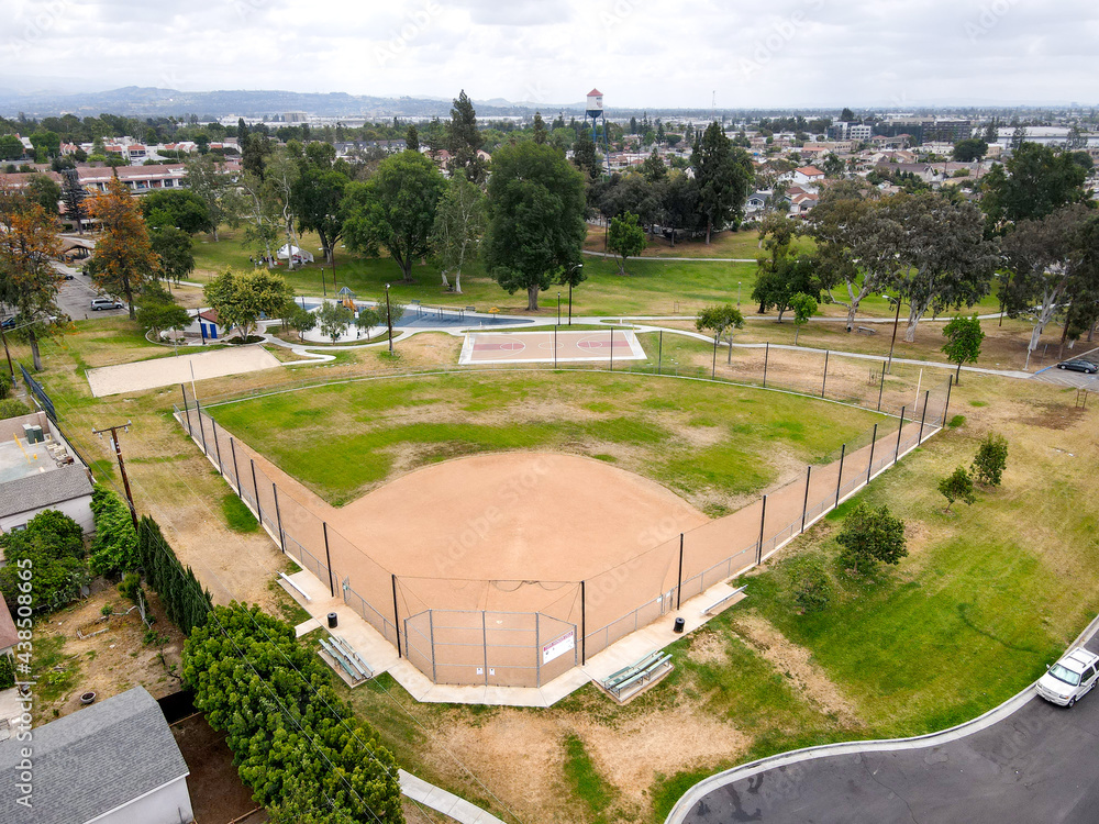 Fototapeta premium Aerial view of baseball fields in community park, Placentia, California, USA