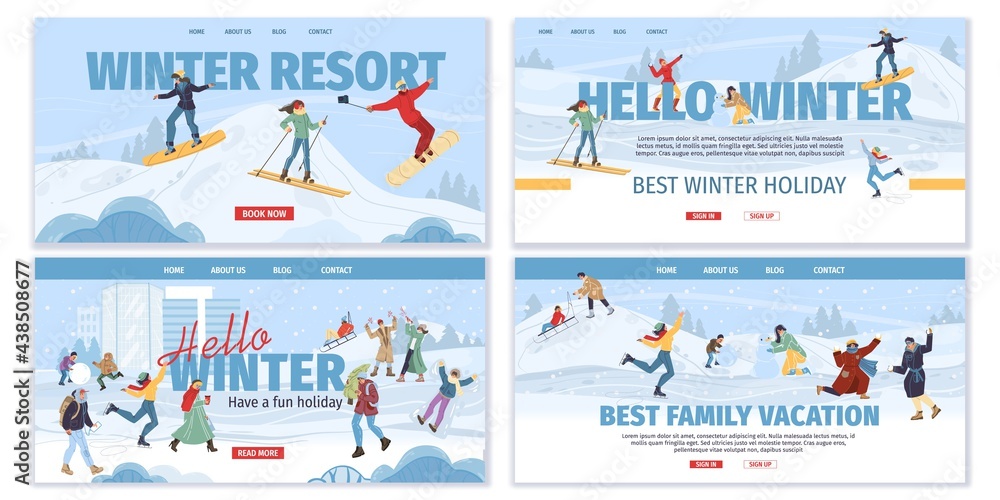 Set of flat cartoon family characters doing winter outdoor sport activities,skiing,skating,snowboarding in snow - winter resort holidays,family vacation concept for ready web online site design