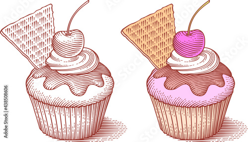 Сupcake with cherries and waffles. Hand drawn engraving vintage style vector illustrations.