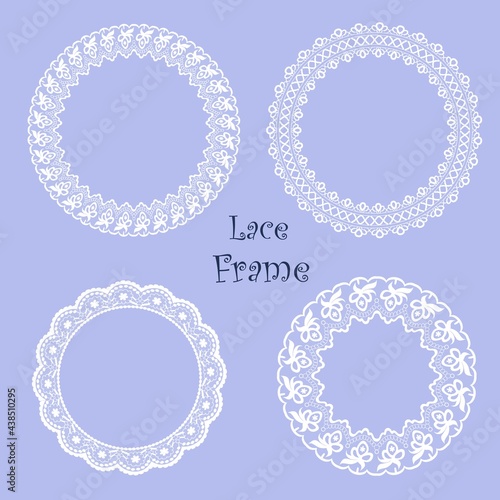 Set of white lace frames of different shapes. Openwork vintage elements isolated on a blue background