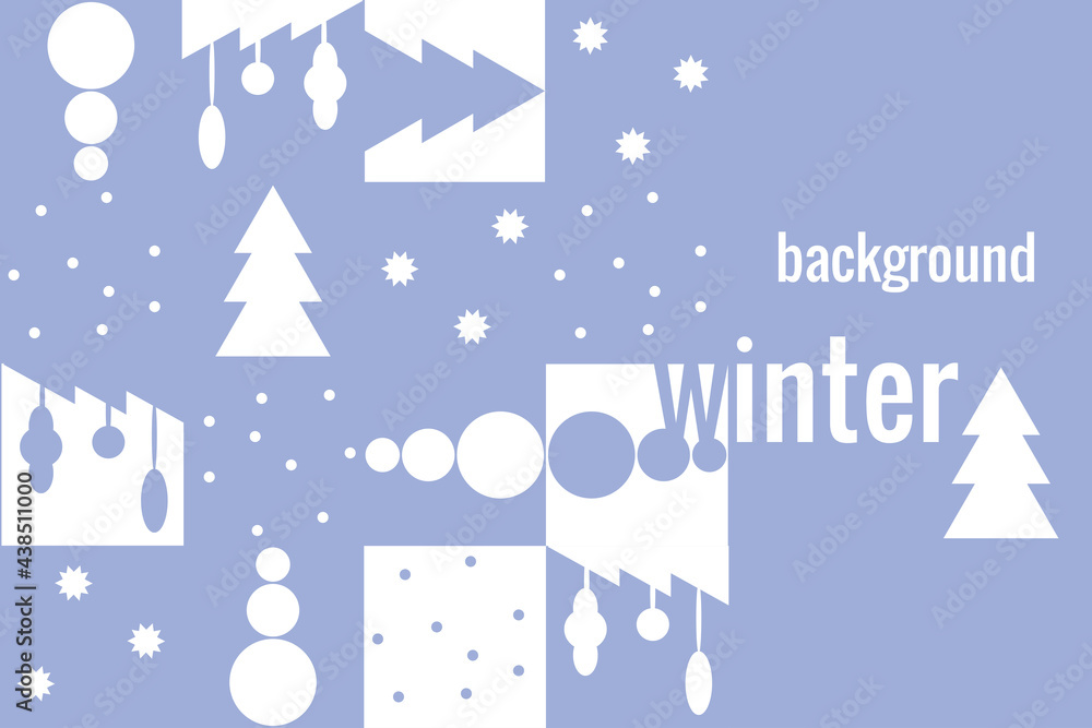 Naklejka premium Winter banner. symbols of winter, New Year, Merry Christmas. Snowman, Christmas tree, toys, snowballs and snowflakes. Vector illustrations for label design, advertising, presentations in blue 