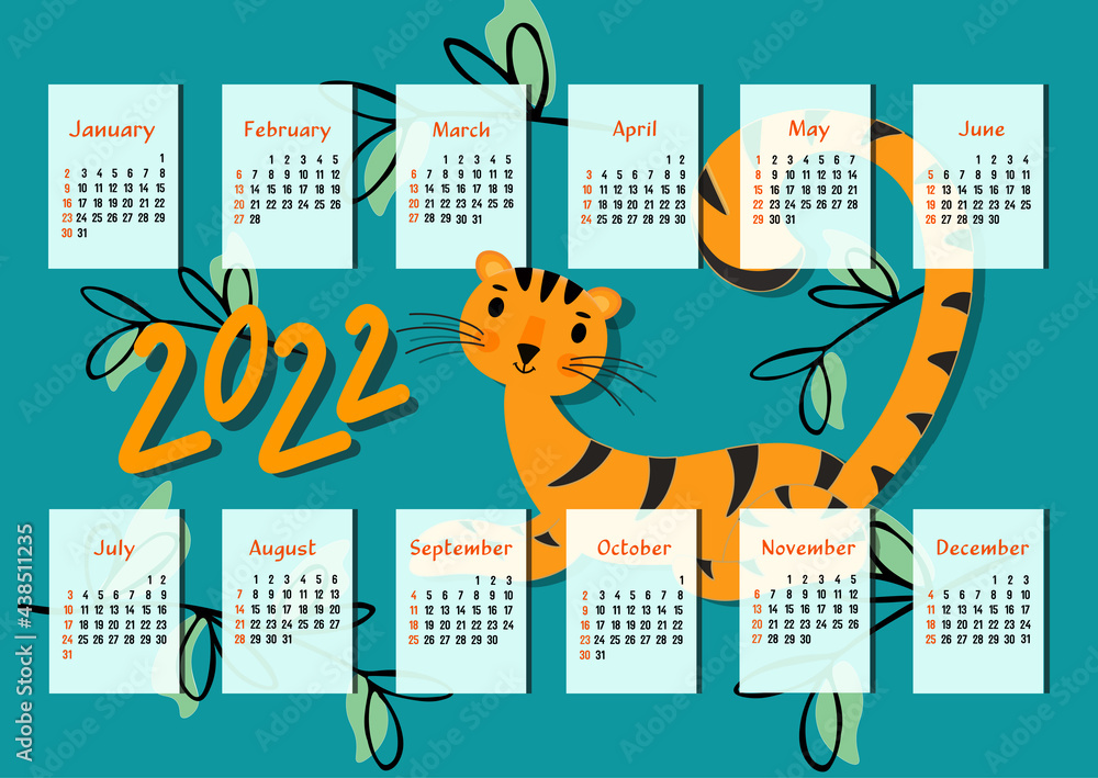 Cartoon wall calendar for 2022 with cute tiger cub. A4 size horizontal