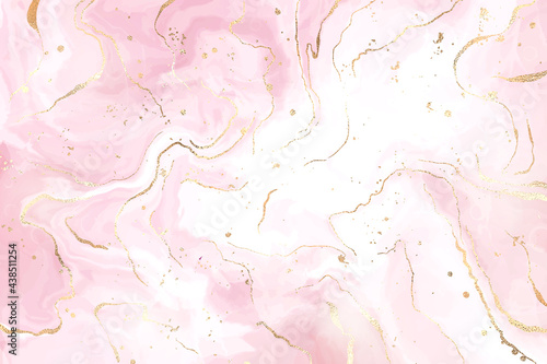 Abstract dusty blush liquid watercolor background with gold glitter lines and stains. Pastel rose marble alcohol ink drawing effect and golden foil cracks. Vector illustration for wedding invitation