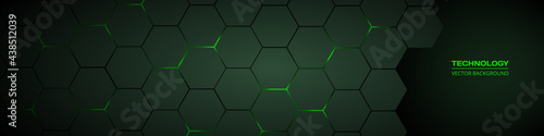 Dark green horizontal hexagonal technology abstract vector background. Green bright energy flashes under hexagon in futuristic modern technology wide banner. Dark tech honeycomb texture grid.