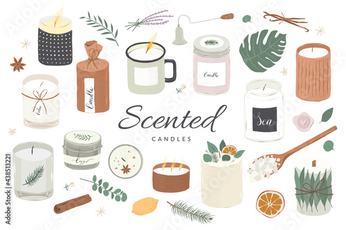 Collection of modern scented candles made of soy and coconut wax, essential oils, various craft design handmade candles in glass jars. Home aromatherapy, hygge home decoration